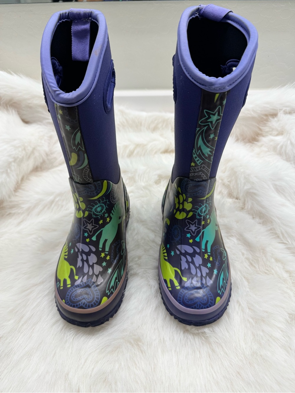 Kids Purple Patterned Rain & Snow Boots with Neon Accents